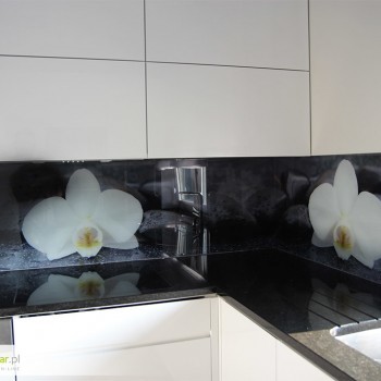 wizualizacja, druk, montaż. Panel szklany do kuchni biała orchidea